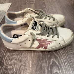 Golden Goose White Sneakers with Pink Star and Blue Heel